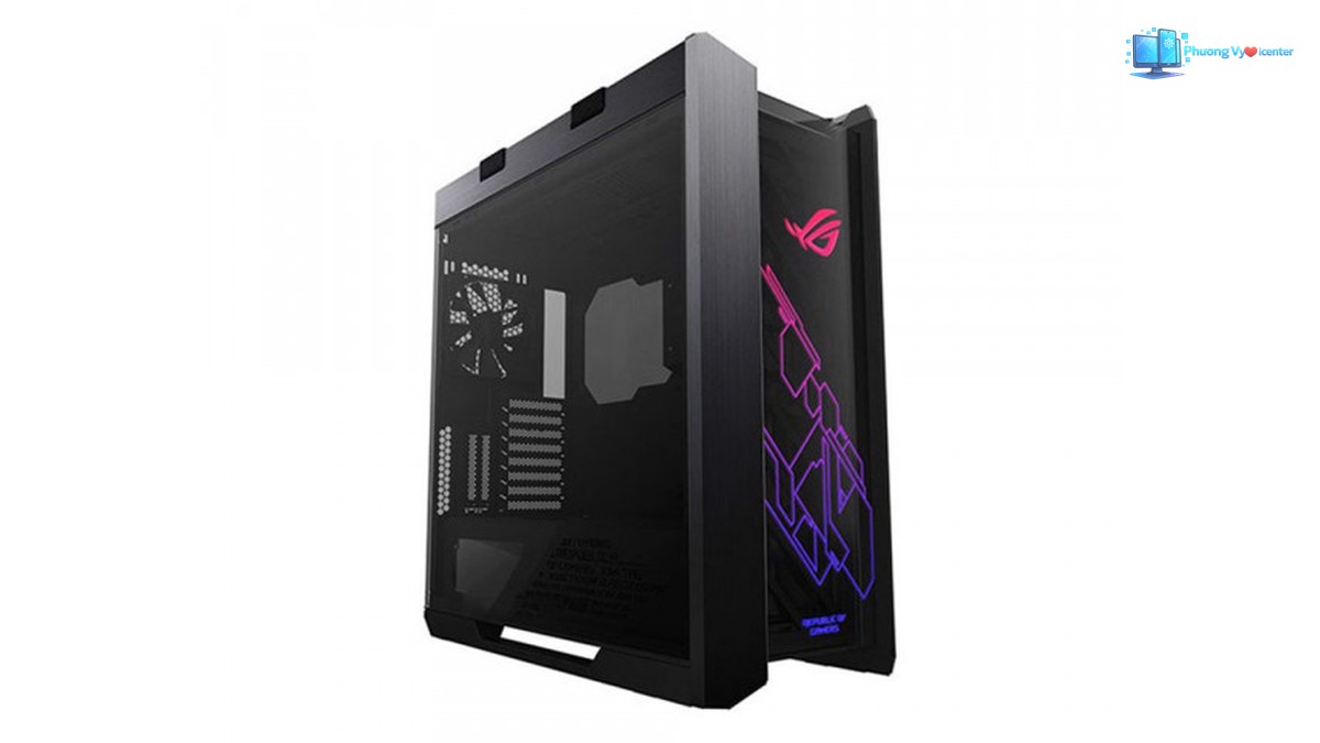 ASUS ROG Strix Helios Black nhìn nghiêng, thấy kính bên hông và logo ROG ở mặt trước