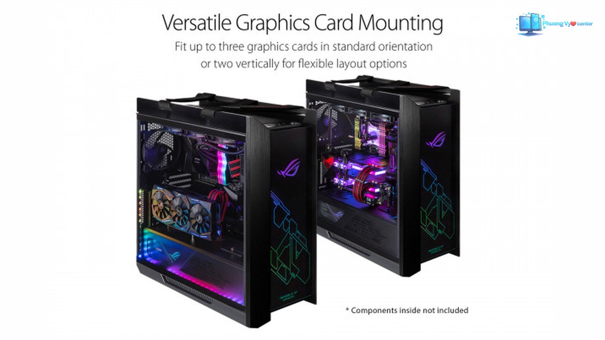 ASUS ROG Strix Helios với hai cấu hình lắp linh kiện và hai cách đặt card đồ họa
