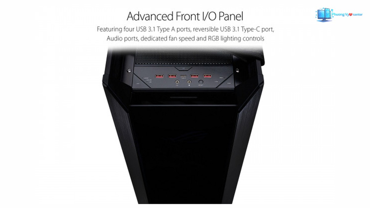 ASUS ROG Strix Helios với bảng cổng kết nối và nút điều khiển phía trên mặt trước