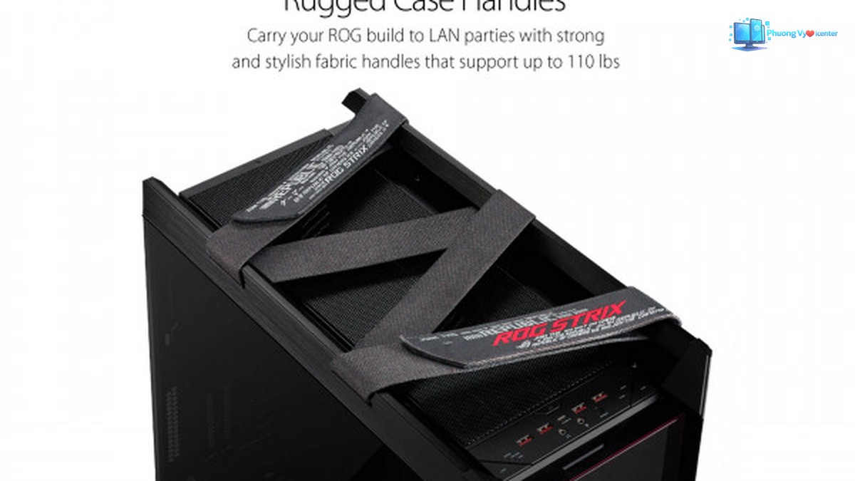 ASUS ROG Strix Helios nhìn từ trên với hai quai vải và bảng cổng kết nối