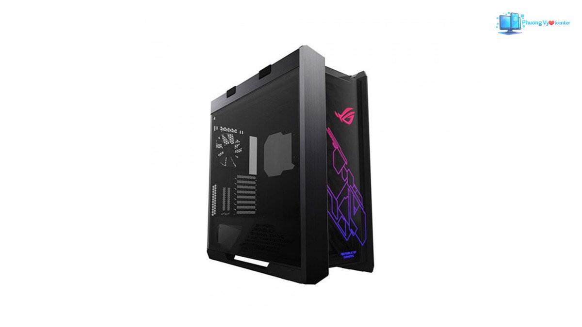 ASUS ROG Strix Helios Black nhìn nghiêng, thấy kính bên hông và logo ROG ở mặt trước