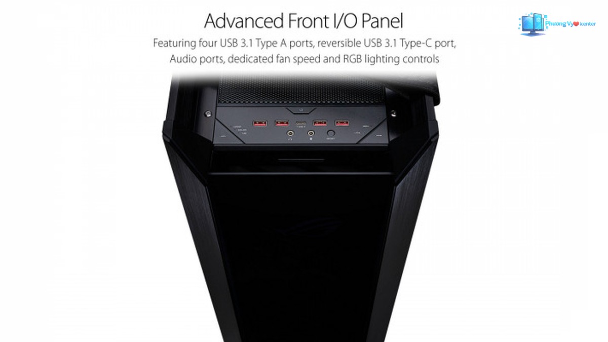 ASUS ROG Strix Helios với bảng cổng kết nối và nút điều khiển phía trên mặt trước
