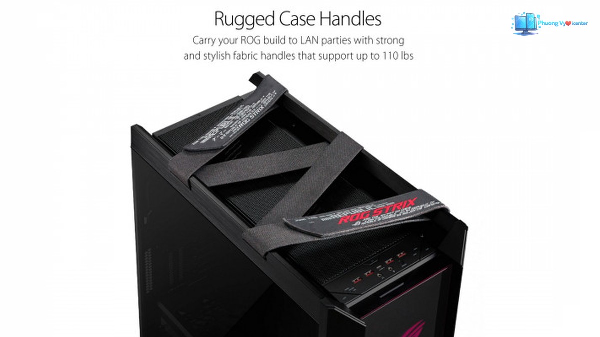 ASUS ROG Strix Helios nhìn từ trên với hai quai vải và bảng cổng kết nối