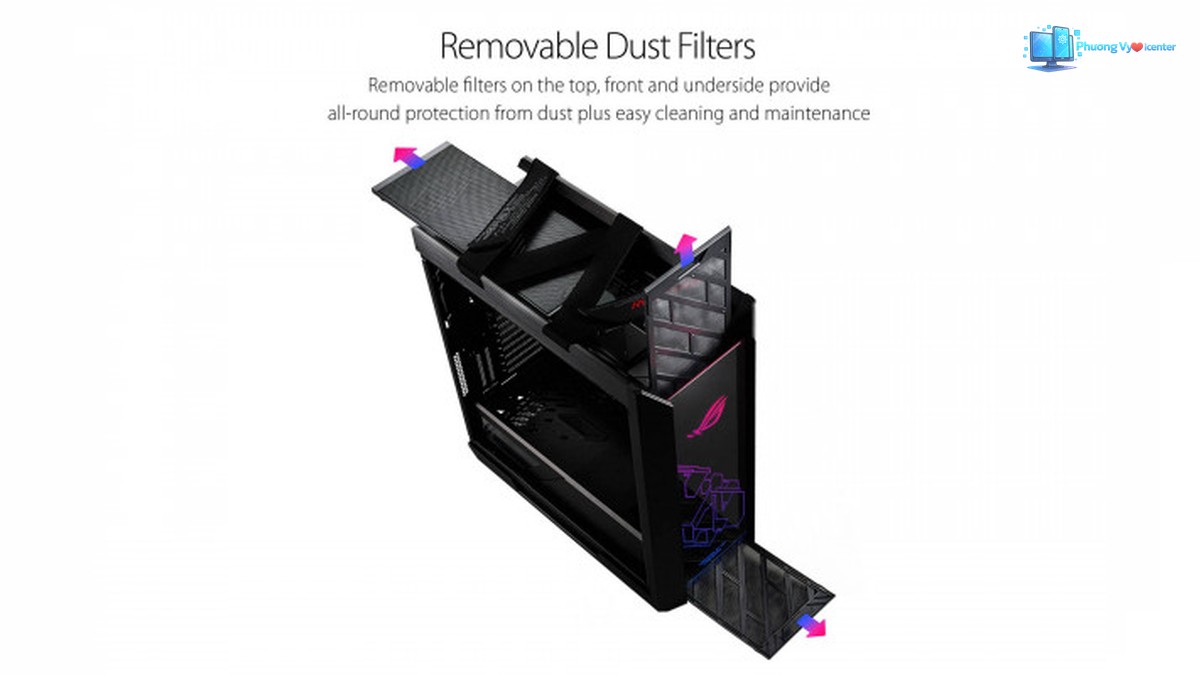 ASUS ROG Strix Helios minh họa các tấm lọc bụi tháo rời ở nóc, mặt trước và đáy