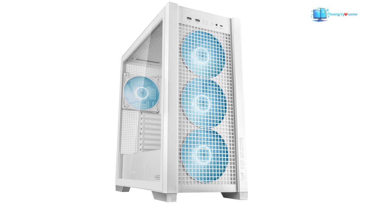 ASUS TUF Gaming GT302 ARGB White chụp nghiêng, thấy mặt trước với ba quạt xanh và hông kính