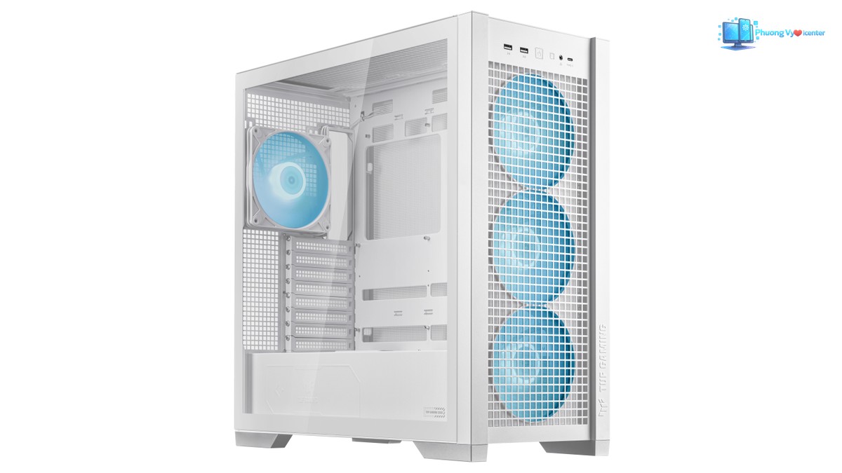 ASUS TUF Gaming GT302 ARGB White nhìn nghiêng, thấy hông kính và ba quạt xanh phía trước