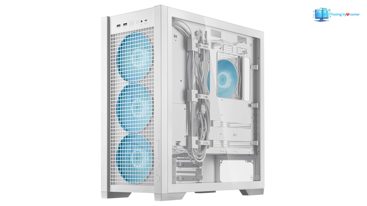 ASUS TUF Gaming GT302 ARGB White tháo nắp hông, lộ khoang đi dây và khay ổ đĩa