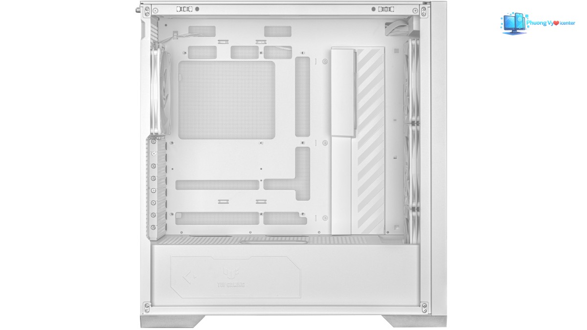 ASUS TUF Gaming GT302 ARGB White mở hông, thấy khoang linh kiện và tấm che nguồn