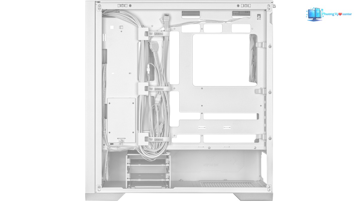 ASUS TUF Gaming GT302 ARGB White nhìn thẳng khoang đi dây, thấy dây buộc gọn và khay ổ đĩa
