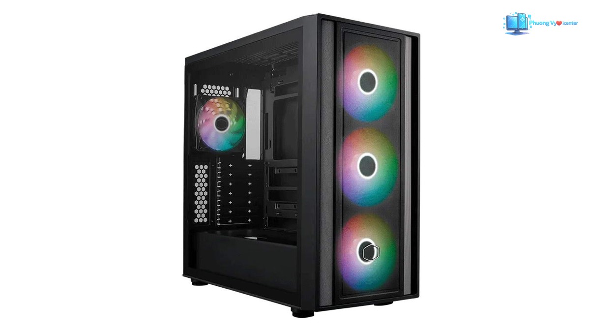 Cooler Master MasterBox 600 màu đen nhìn chéo, thấy ba quạt phía trước và khoang bên trong qua kính