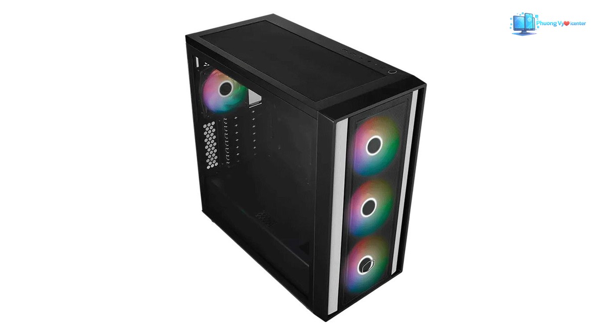 Cooler Master MasterBox 600 nhìn chéo từ trên cao, thấy lưới nóc, mặt kính và quạt phía trước