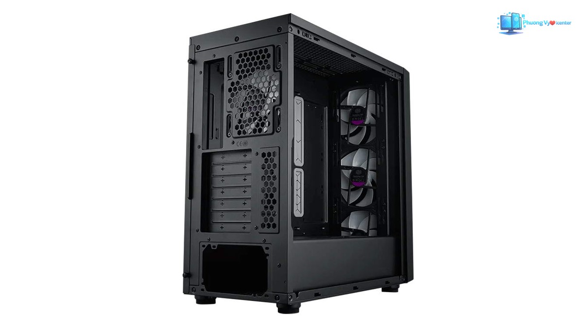 Cooler Master MasterBox 600 nhìn từ phía sau, thấy lưới quạt, khe mở rộng và khoang nguồn