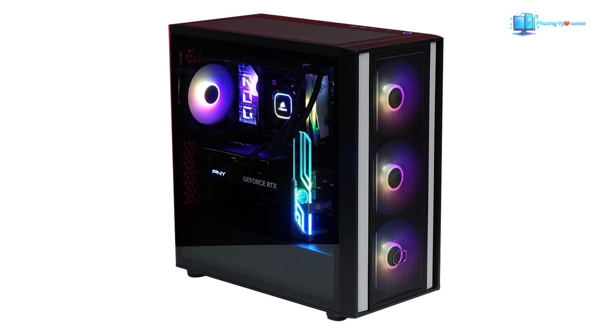 Cooler Master MasterBox 600 nhìn chéo phía trước, linh kiện và đèn RGB hiện qua mặt kính bên