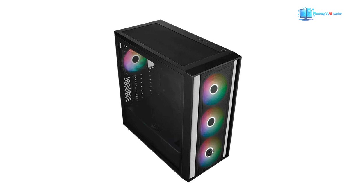 Cooler Master MasterBox 600 nhìn chéo từ trên cao, thấy lưới nóc, mặt kính và quạt phía trước