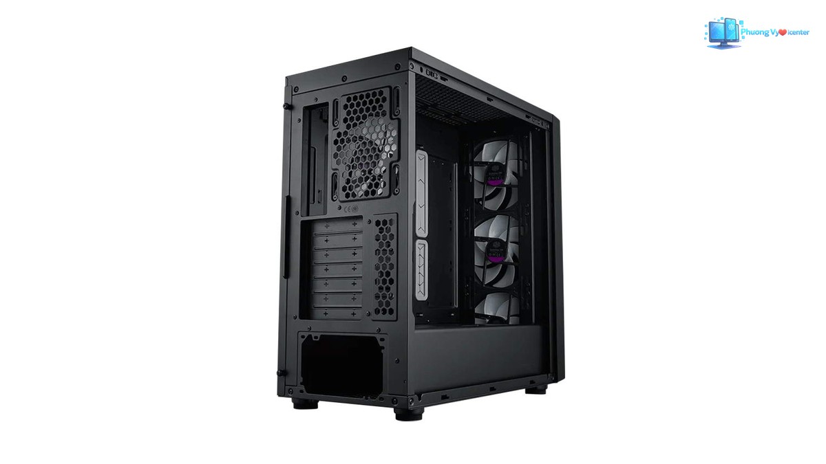 Cooler Master MasterBox 600 nhìn từ phía sau, thấy lưới quạt, khe mở rộng và khoang nguồn