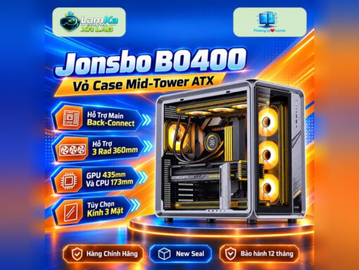 Vỏ case Jonsbo BO400 trên đế tròn với nền công nghệ