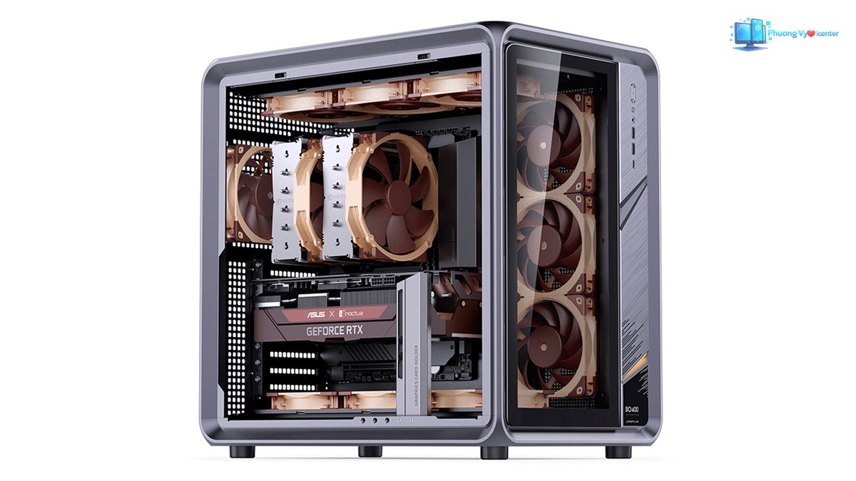 Jonsbo BO400 nhìn nghiêng với tản nhiệt tháp và các quạt màu nâu bên trong