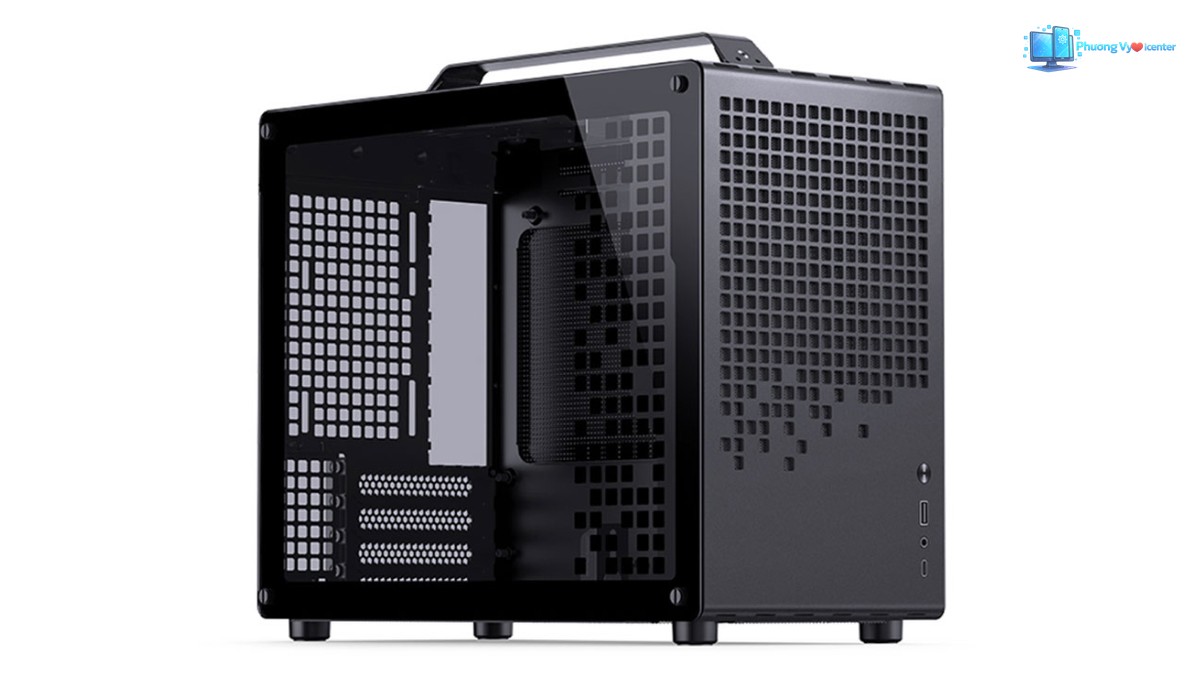 Jonsbo Z20 Black nhìn nghiêng với mặt bên kính, mặt trước đục lỗ và quai xách