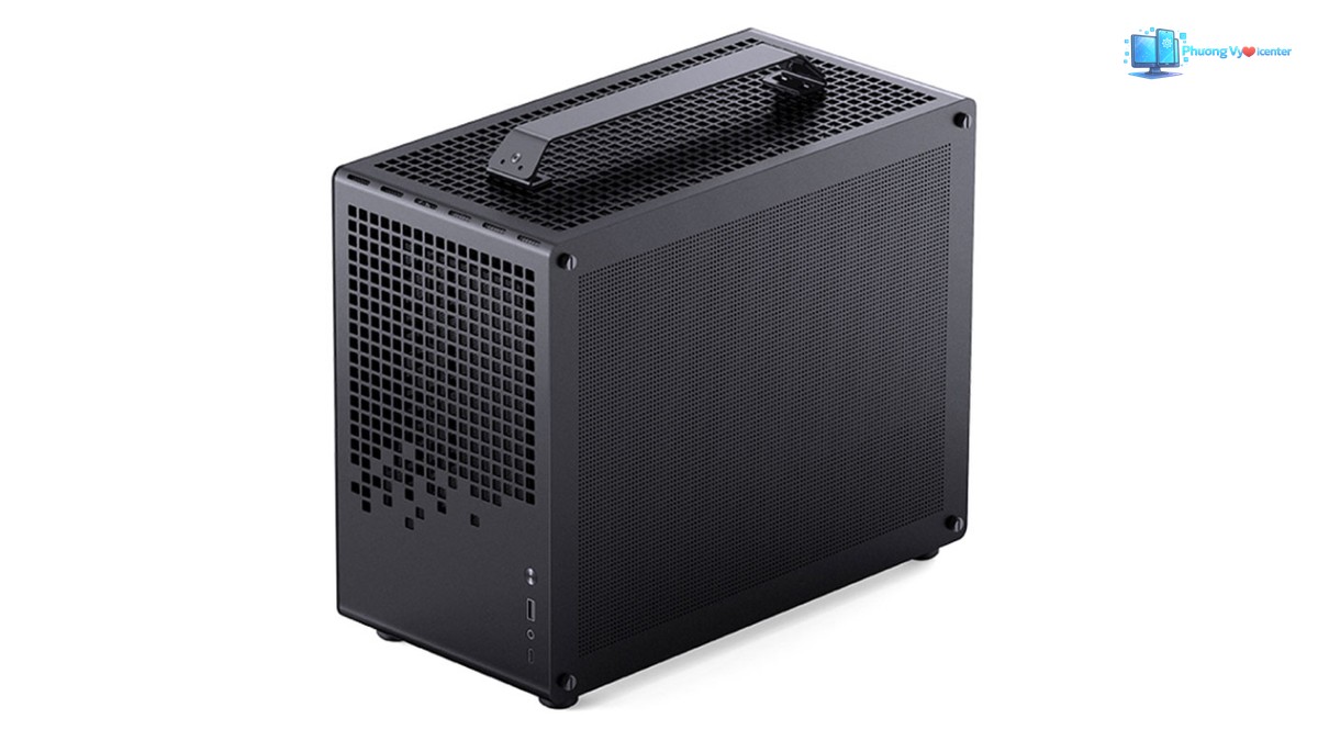 Jonsbo Z20 nhìn nghiêng với mặt bên lưới, mặt trước đục lỗ và quai xách trên nóc