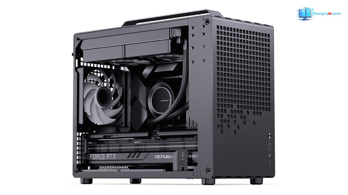 Jonsbo Z20 mở mặt bên với tản nhiệt nước trên nóc, quạt sau và card đồ họa