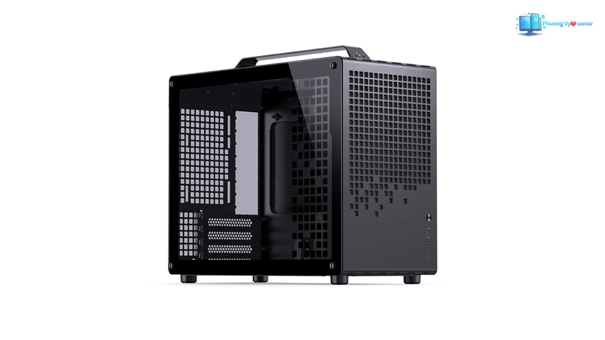 Jonsbo Z20 Black nhìn nghiêng với mặt bên kính, mặt trước đục lỗ và quai xách