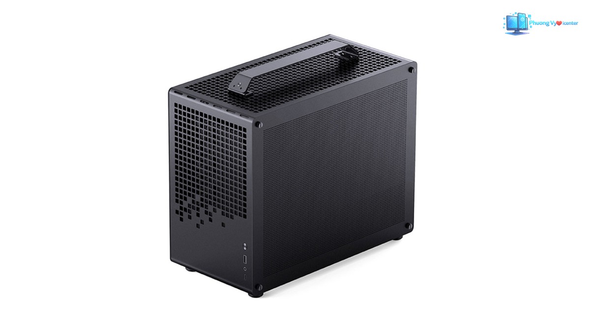 Jonsbo Z20 nhìn nghiêng với mặt bên lưới, mặt trước đục lỗ và quai xách trên nóc