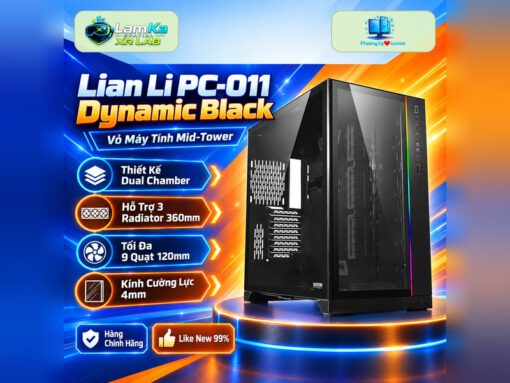 Vỏ case LIAN LI PC-O11 Dynamic Black trên đế tròn trong nền công nghệ