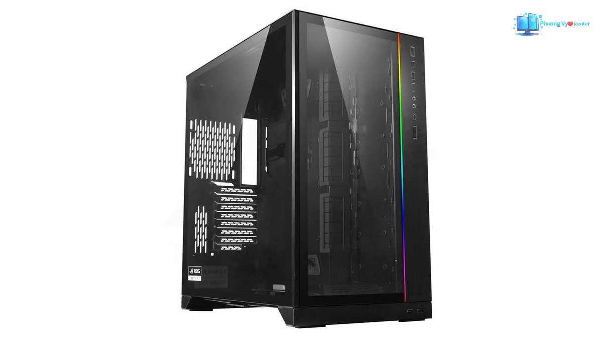 LIAN LI PC-O11 Dynamic Black chụp nghiêng, thấy hai mặt kính và cụm cổng phía trước
