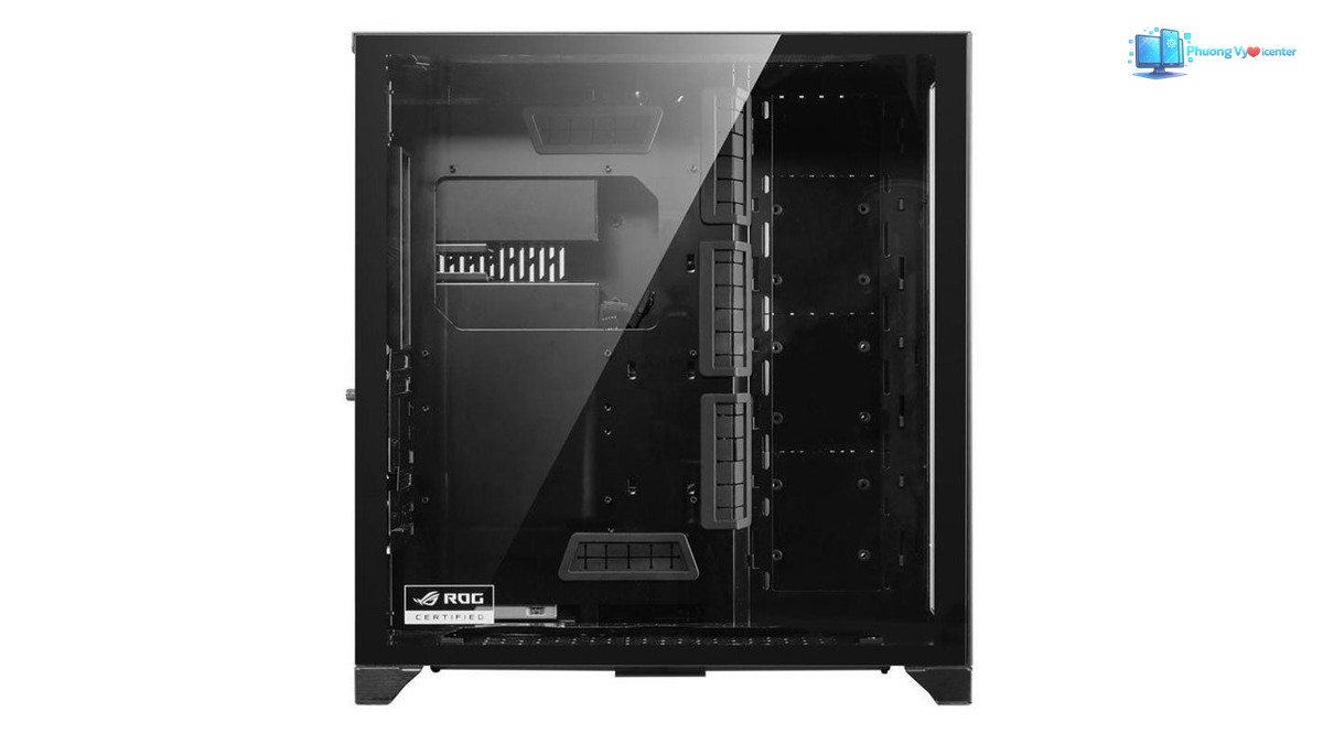 LIAN LI PC-O11 Dynamic Black nhìn qua kính hông, thấy khoang trống và các lỗ đi dây