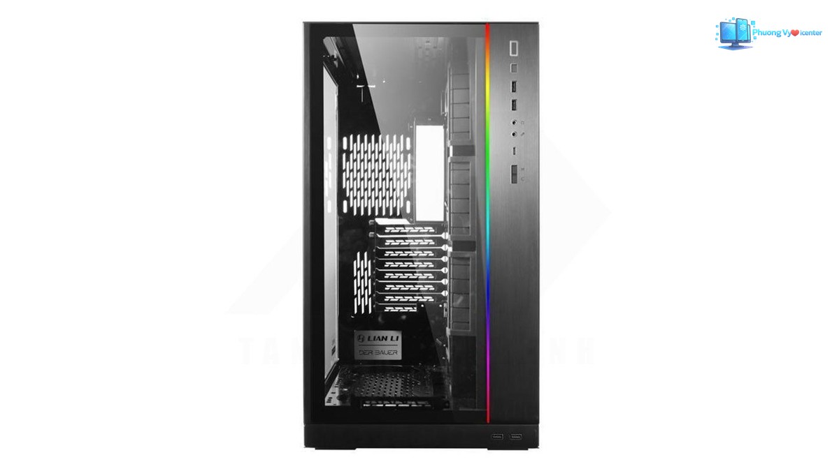 LIAN LI PC-O11 Dynamic Black chụp thẳng mặt trước, thấy kính và cụm nút, cổng kết nối