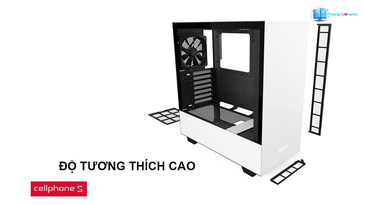NZXT H510 với hình minh họa cổng kết nối và khả năng lắp mainboard