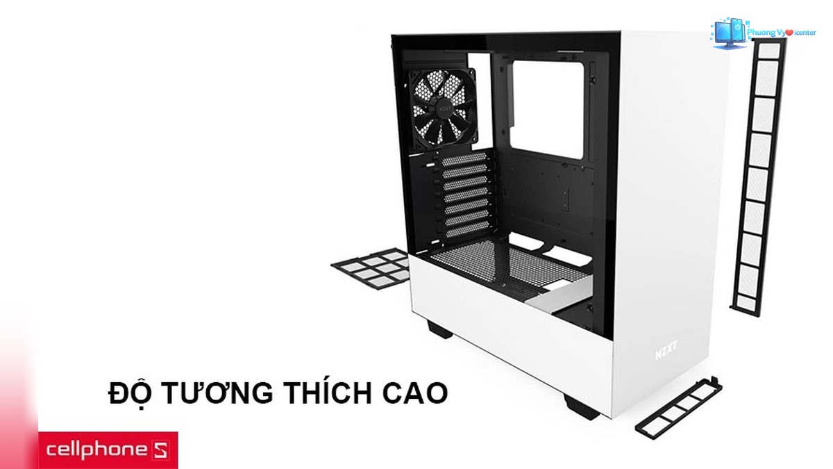 NZXT H510 với hình minh họa cổng kết nối và khả năng lắp mainboard
