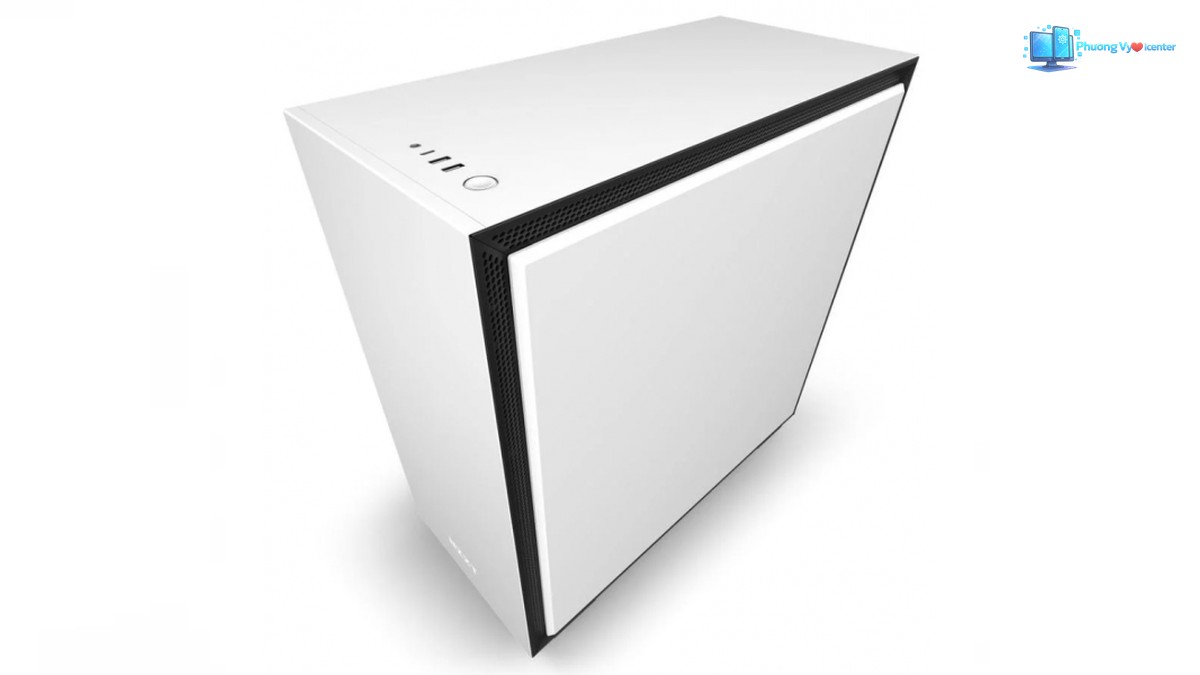 NZXT H710 nhìn từ trên xuống với nóc trắng, cụm kết nối và tấm hông kín