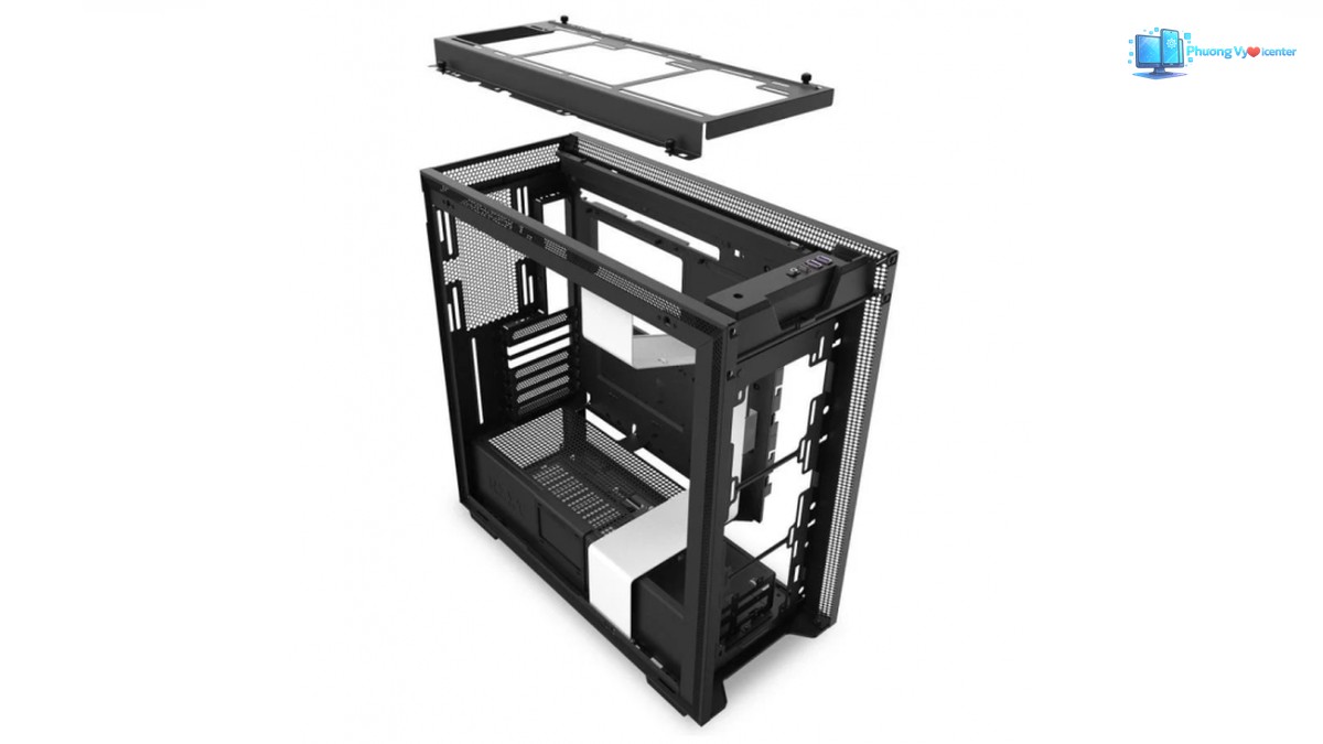 NZXT H710 tháo các tấm vỏ, khay phía trên nhấc rời và lộ khoang lắp linh kiện