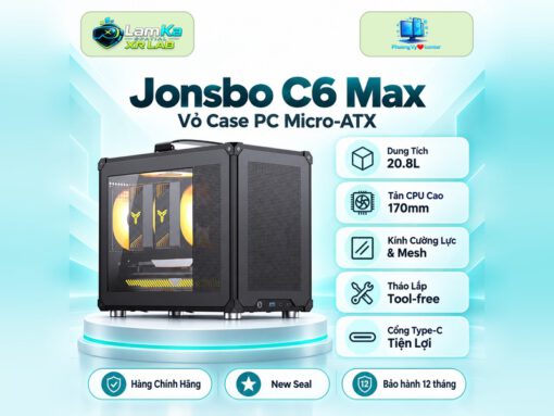 Vỏ case Jonsbo C6 Max trên đế tròn với nền công nghệ