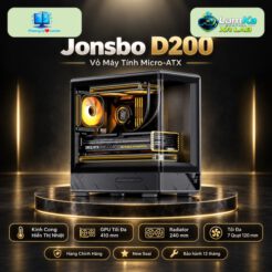 Vỏ máy tính Jonsbo D200 trên đế tròn trong không gian nền công nghệ