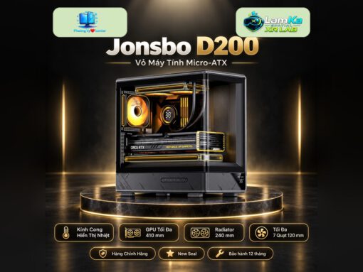 Vỏ máy tính Jonsbo D200 trên đế tròn trong không gian nền công nghệ