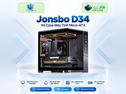 Vỏ case Jonsbo D34 trên đế tròn với nền công nghệ
