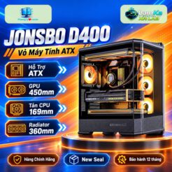 Vỏ máy tính Jonsbo D400 trên đế tròn với nền công nghệ