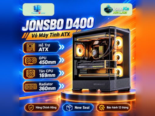 Vỏ máy tính Jonsbo D400 trên đế tròn với nền công nghệ
