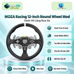 Vành nâng cấp MOZA 12-inch Round Wheel Mod trên đế tròn, phía sau là nền công nghệ