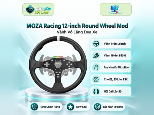 Vành nâng cấp MOZA 12-inch Round Wheel Mod trên đế tròn, phía sau là nền công nghệ