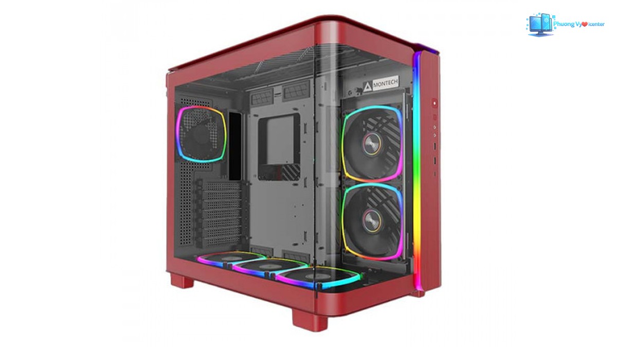 MONTECH KING 95 màu đỏ chụp góc nghiêng, thấy kính bao quanh và các quạt sáng RGB