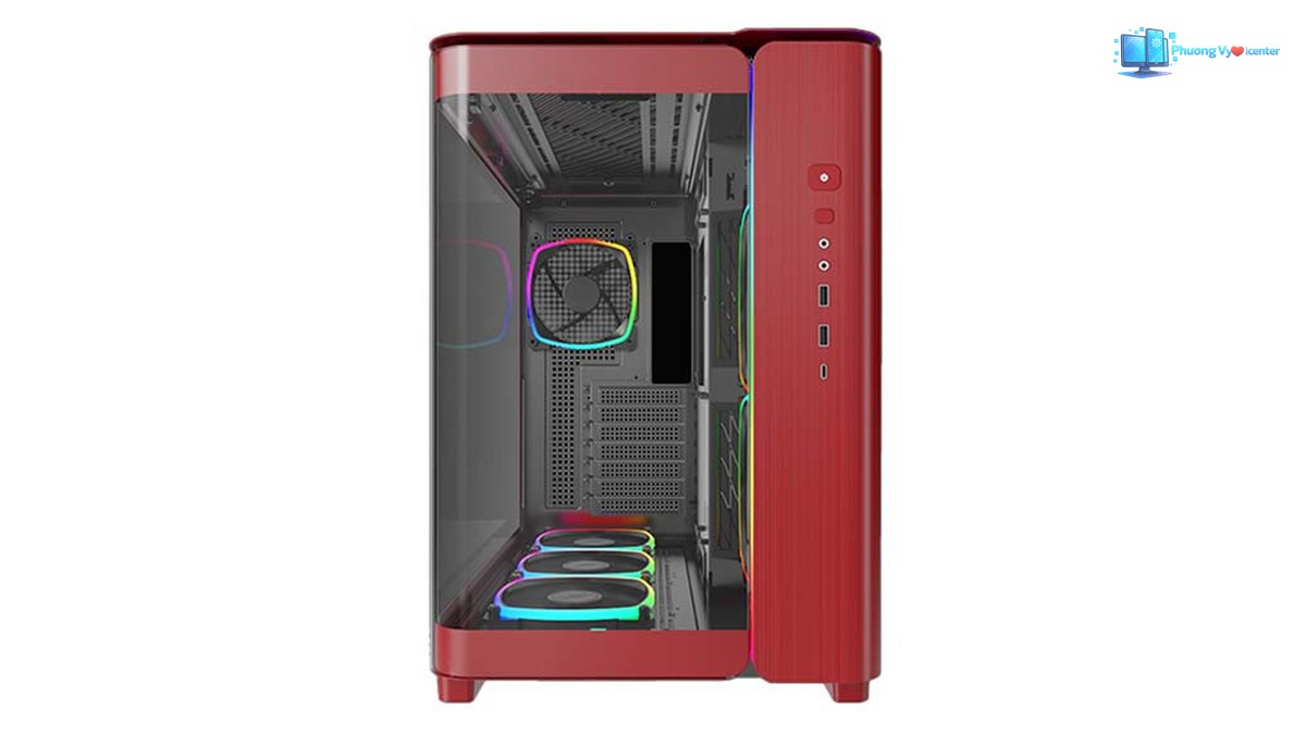 MONTECH KING 95 màu đỏ nhìn thẳng, có kính trong suốt và dãy nút, cổng kết nối bên phải