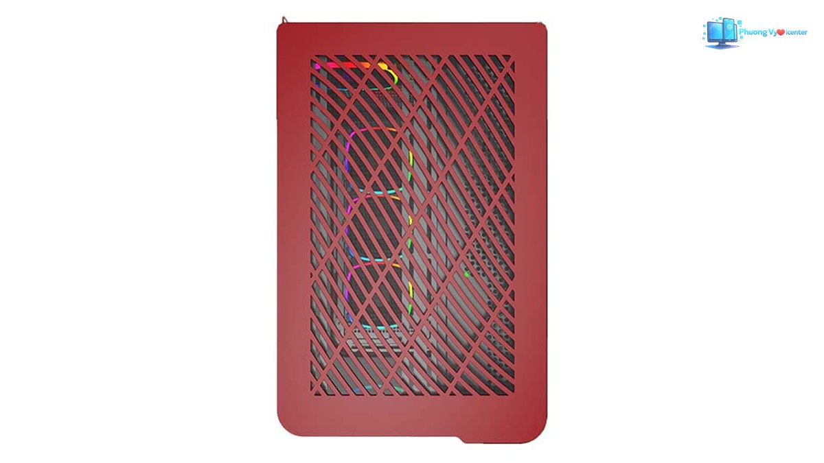 MONTECH KING 95 nhìn từ mặt bên màu đỏ với khe thông gió chéo và quạt RGB phía trong