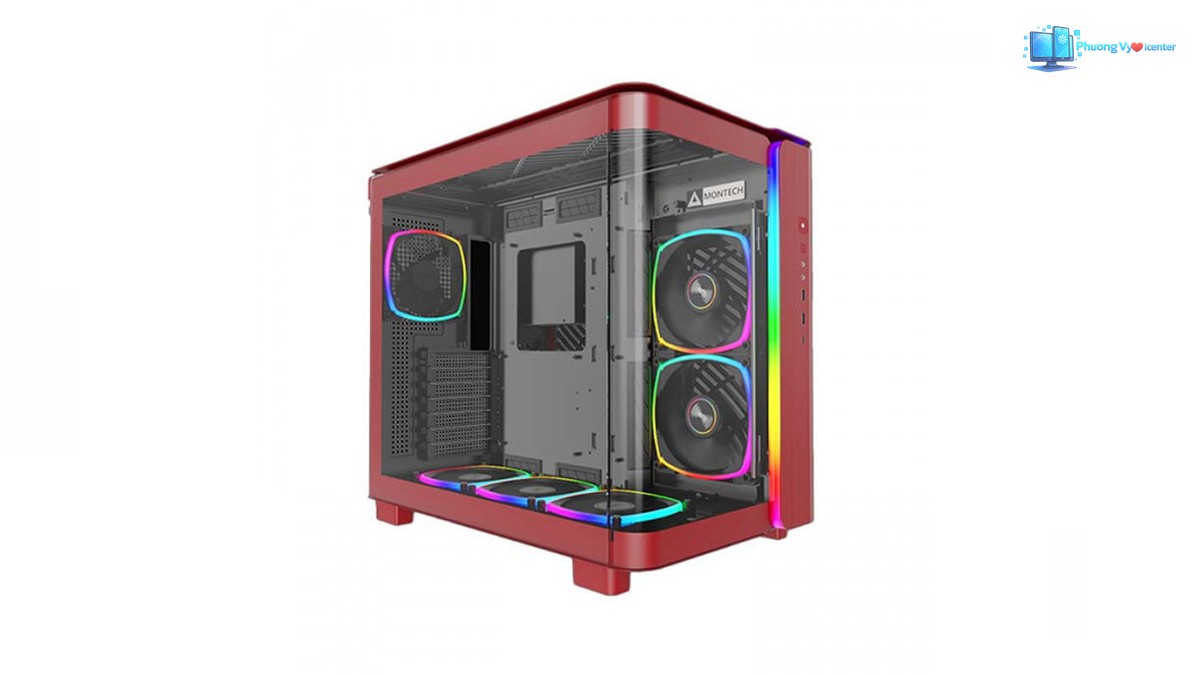 MONTECH KING 95 màu đỏ chụp góc nghiêng, thấy kính bao quanh và các quạt sáng RGB