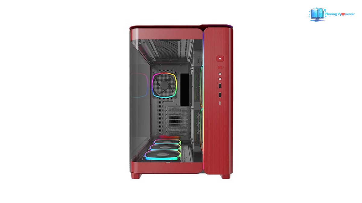 MONTECH KING 95 màu đỏ nhìn thẳng, có kính trong suốt và dãy nút, cổng kết nối bên phải
