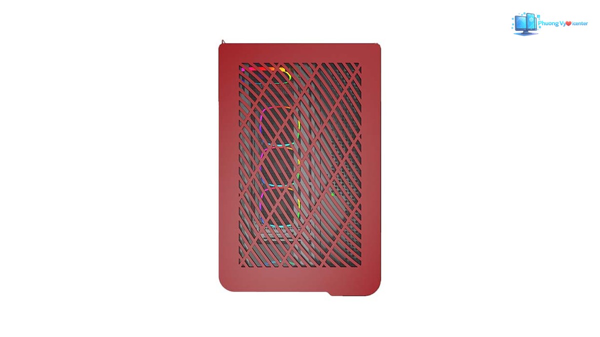 MONTECH KING 95 nhìn từ mặt bên màu đỏ với khe thông gió chéo và quạt RGB phía trong