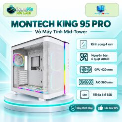 Vỏ case MONTECH KING 95 PRO đặt trên đế tròn trong nền công nghệ
