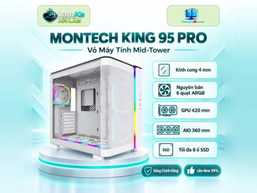Vỏ case MONTECH KING 95 PRO đặt trên đế tròn trong nền công nghệ